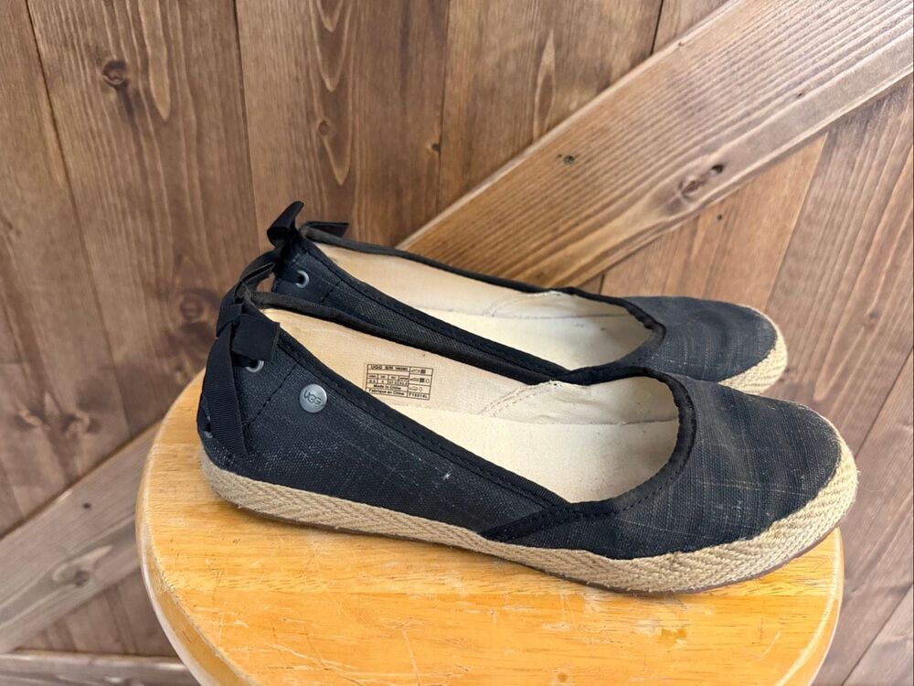 UGG Australia Women’s Size 6.5 Black Canvas Espadrille Ballet Flats Bow Accent